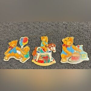 Lot of 3 Vintage Flat Teddy Bear Christmas Ornaments Balloon Rocking Horse Drum